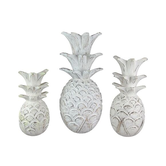 Set of 3 White Pineapple Wood Sculptures Hanging Wall Plaques